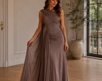 Grey Purple Silk Maxi Dress, Floor Length A-Line Gown, Formal Evening Wedding Guest Wear