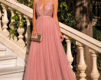 Blush Pink Maxi Dress Sleeveless V Neck High Waist Backless Mesh Evening Gown Elegant