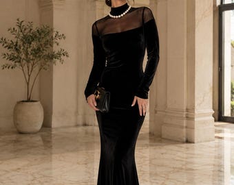 Black Velvet Evening Dress for Women Long Sleeve Mesh Bodycon Maxi Prom Gown Party Wear
