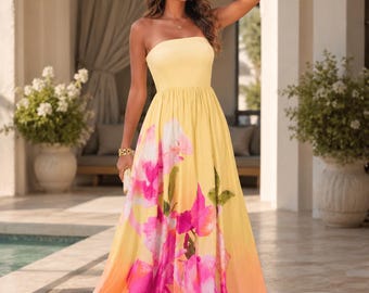 Strapless Floral Maxi Dress: Elegant Summer Party, Beach Wedding Gown
