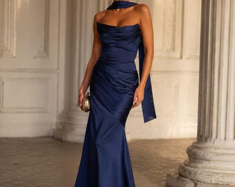Navy Satin Strapless Gown with Neck Scarf – Elegant Pleated Bodycon Formal Evening Wear