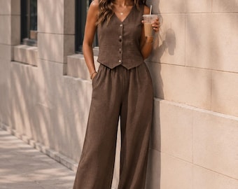 Linen Blend Two Piece Set: Sleeveless V-Neck Vest, Wide Leg Pants Outfit
