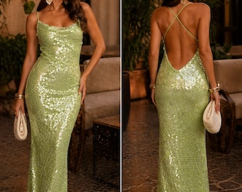 Backless Sequin Maxi Dress Women Elegant Slim Fit Sparkly Evening Party Gown Chic