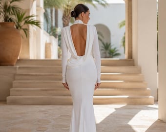 Elegant Backless Maxi Dress Women Long Sleeve Turtleneck Evening Party Gown Formal Clubwear Luxury