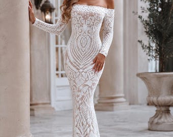 Elegant Sequin Mermaid Maxi Dress Off Shoulder Prom Gown Wedding Guest Evening Party Dress