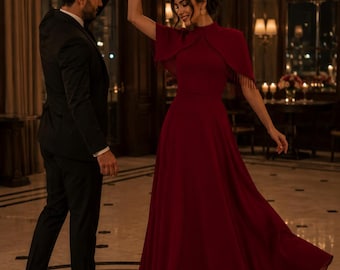 Elegant Red Evening Gown, Beaded Tassel A-Line Maxi Dress