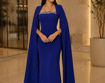 Elegant Cape Sleeve Maxi Dress, Embellished Neckline, Modest Evening Gown
