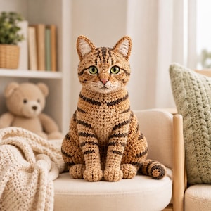Könnte beinhalten: Eine handgefertigte Häkelkatze mit einem beigefarbenen und braunen Tabby-Streifenmuster. Die Katze hat leuchtend grüne Augen, eine rosa Nase und spitze Ohren mit weißen Innendetails und sitzt aufrecht mit eingerolltem Schwanz.