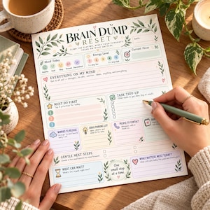Puede incluir: Una hoja de planificación Brain Dump Reset con secciones para el estado de ánimo, nivel de energía, enfoque, tareas y prioridades. El papel presenta ilustraciones botánicas, cuadros de colores pastel y textos para organizar ideas y metas.