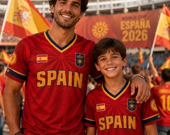 Camiseta de fútbol de España con nombre y número personalizados. Ropa de día de partido de España. Ropa de festival para mujer. Estilo moderno y elegante.
