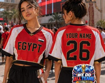 Camiseta corta de fútbol de Egipto con nombre y número personalizados, ropa de fútbol, orgullo egipcio, ropa para el día del partido, ropa de festival para mujeres, estilo Blokette