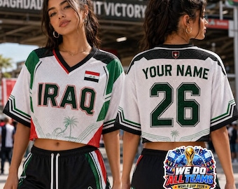 Camiseta corta de fútbol de Irak con nombre y número personalizados, camiseta de fútbol, orgullo iraquí, ropa para el día del partido, ropa para festivales de mujeres, top estético tipo blokette
