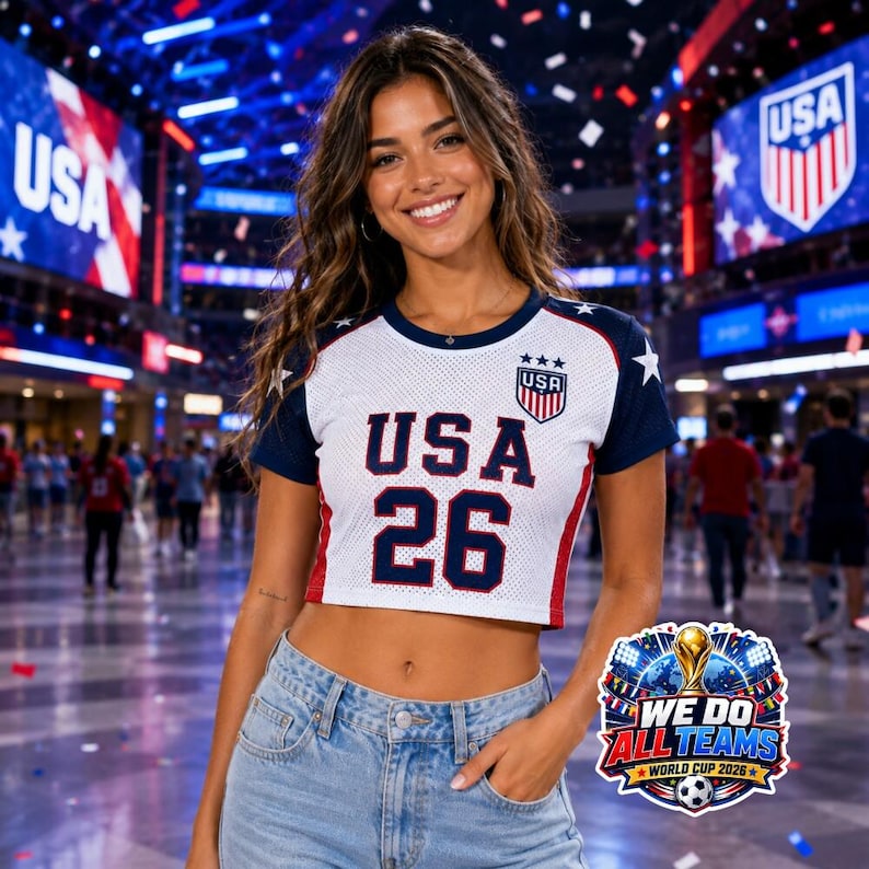 Camiseta corta de fútbol de la selección femenina de fútbol de EE. UU. con nombre y número personalizados. Ropa de día de partido para mujeres. Ropa de festival. Camiseta estética de moda tipo blokette. imagen 3