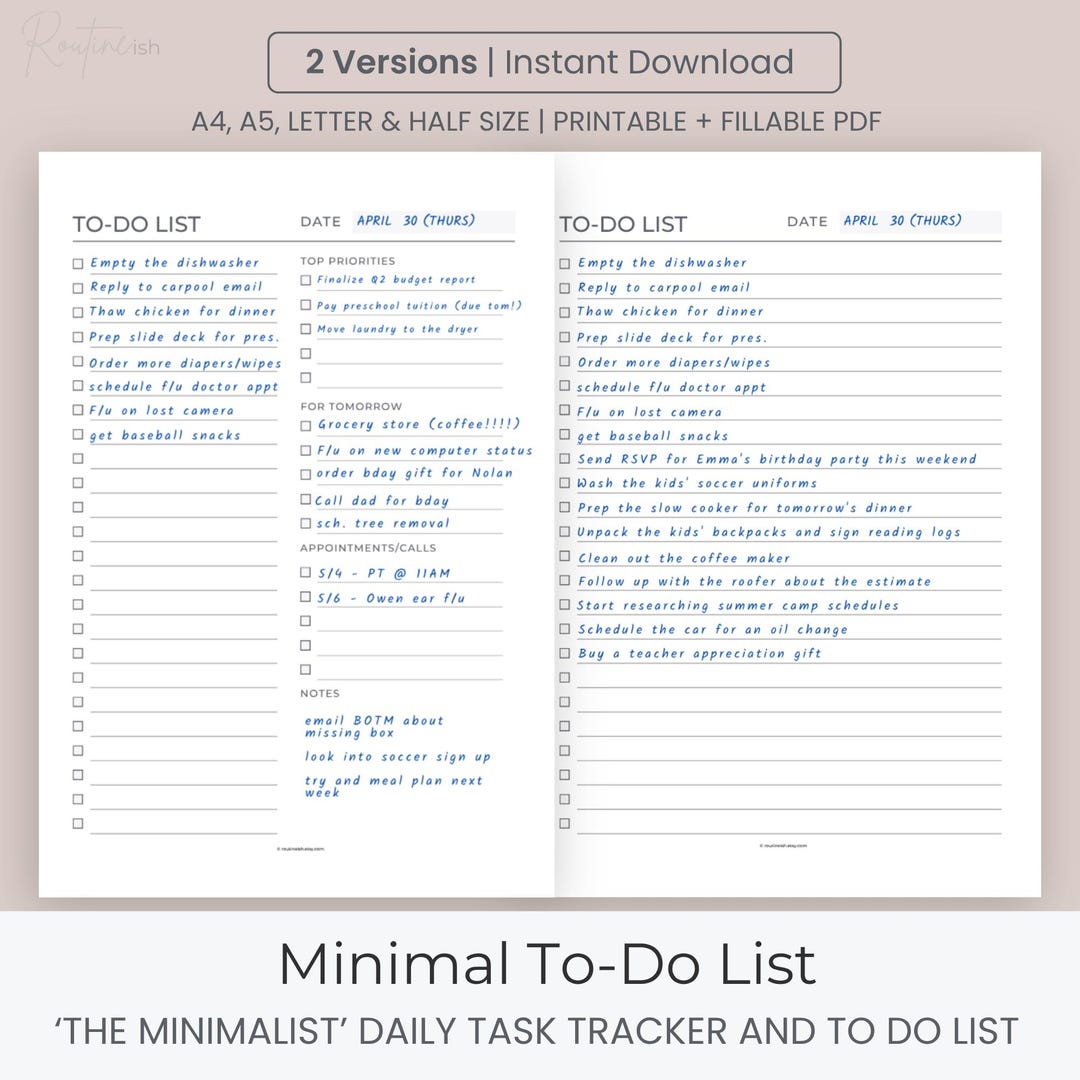 Minimalist to Do List Printable, Daily Task Tracker, Fillable PDF (a4 ...