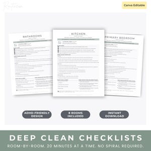 Op de afbeelding: Een set van drie afdrukbare diepe schoonmaakchecklists voor badkamers, keuken en hoofdslaapkamer. De checklists zijn in zwart en wit met koppen en opsommingstekens. Inclusief ADHD-vriendelijk ontwerp, 8 kamers en direct downloaden.