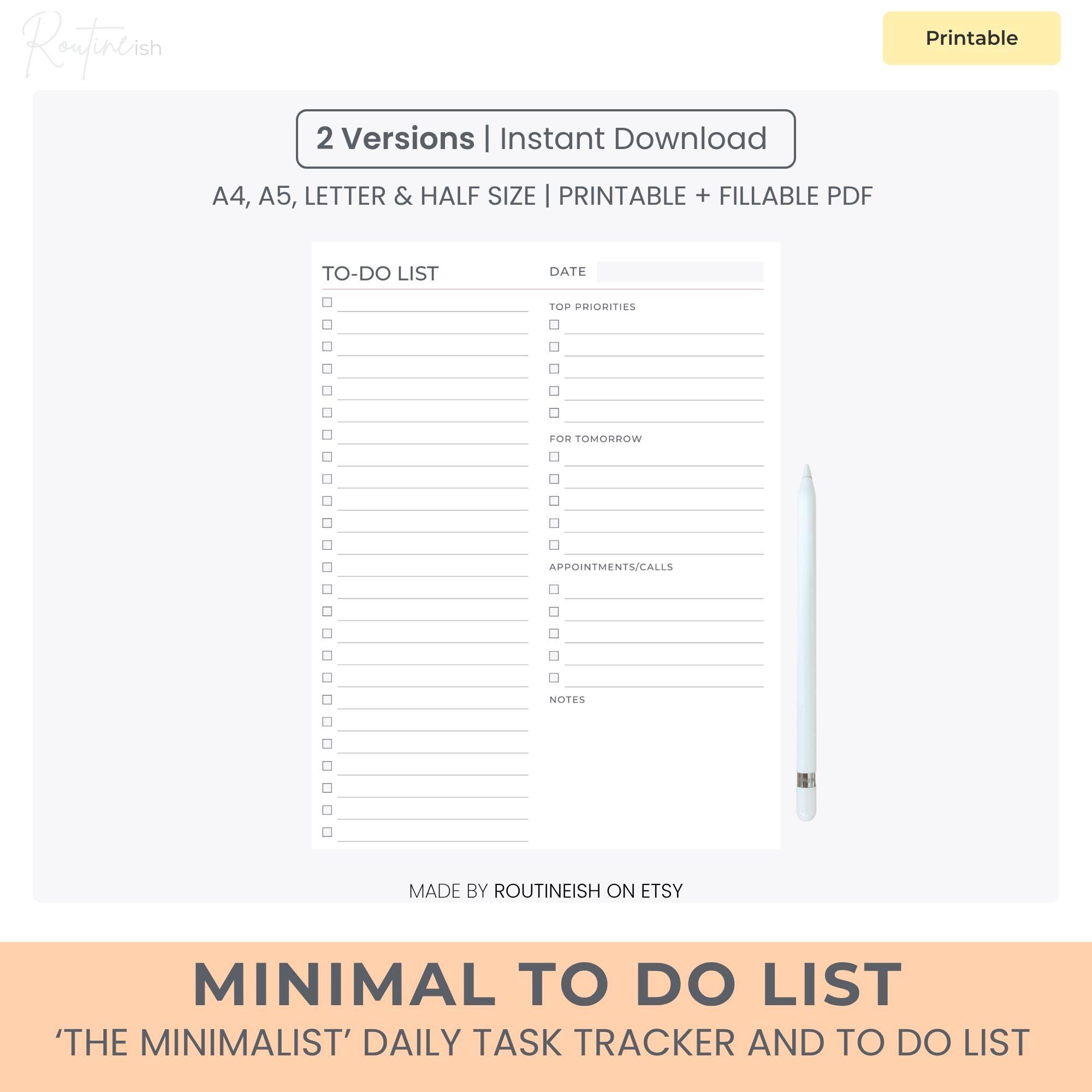 Minimalist to Do List Printable, Daily Task Tracker, Fillable PDF (a4 ...