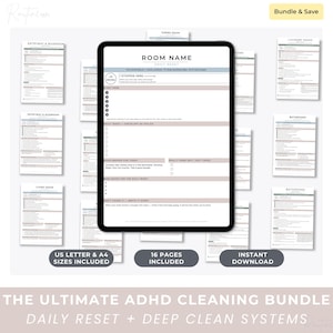Op de afbeelding: Een digitale schoonmaakbundel met een tablet met een dagelijkse reset checklist. De bundel bevat 16 pagina's en US Letter & A4 formaten. De tablet toont "Room Name Daily Reset". De bundel is ontworpen voor ADHD schoonmaken.