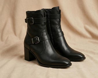 Black Leather Ankle Boots, Handmade Double Buckle Biker Style Heel Booties
