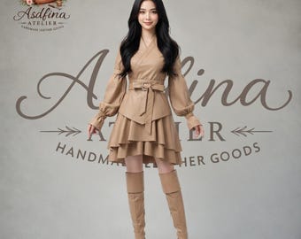 Minivestido de cuero beige, conjunto con volantes y cinturón hecho a mano, moda de diseñador.