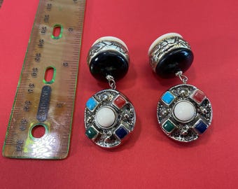 Vintage Silver-Tone Multi-Stone Clip-On Drop Earrings: Onyx, Turquoise, Coral, Lapis Boho Southwestern Statement