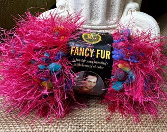 Lion Brand Fancy Fur Yarn: Party Pink, Eyelash Novelty with Pom Poms Made Italy