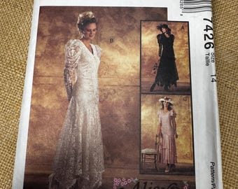 Molde para Vestido de Renda McCall's 7426, Tamanho 14 – Noiva, Estilo Vitoriano, Década de 1990 (Sem Cortes)