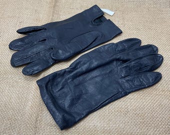Luvas vintage de couro azul marinho com forro de nylon Antron, tamanho 7,5 (WPL 8931), fabricadas nas Filipinas, meados do século XX.