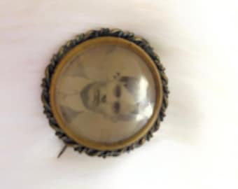 Antique Victorian Portrait Photo Brooch — Convex Glass Dome, Rope Frame, Mourning Jewelry, Victorian Woman, Bar Pin, Circa 1880s