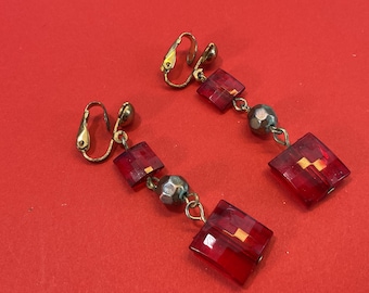 Vintage Red Glass Dangle Clip-On Earrings Mid Century Drop Ruby Faceted Square Stones