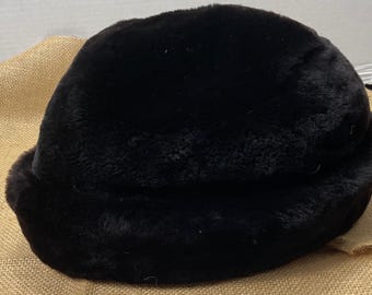 Vintage Soviet Black Faux Fur Pillbox Hat 1960s USSR Size 72 Original Cyrillic Tags Cold War Era Winter Hat