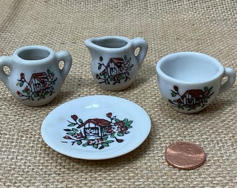 Vintage Miniature Porcelain Set: Hand-Painted Well Scene, Made in Japan