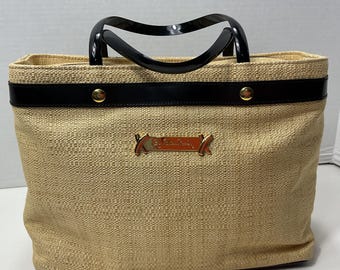 パロマ・ピカソ作　編み込みストロー素材のトートバッグ　ブラックルーサイト製ハンドル　ゴールド金具　デザイナーズバッグ　1980年代