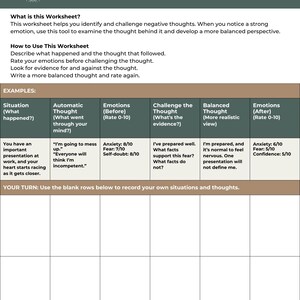 May include: A dark green worksheet titled Automatic Thought Record with a tree logo. It includes instructions, a table with example entries for identifying and reframing negative thoughts, blank rows for personal use, and a tip at the bottom.