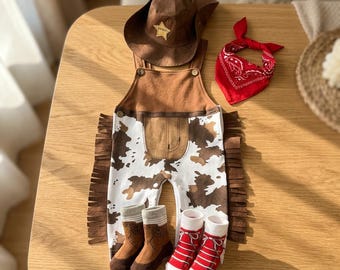 Completo da cowboy per neonati – Simpatico set da cowboy con cappello e bandana, tutina da cowboy per bambini per servizi fotografici di Halloween