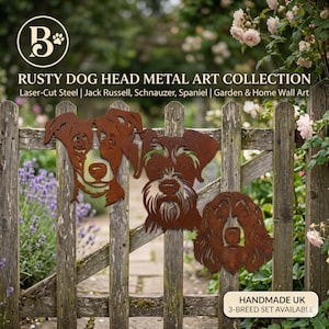 Puede incluir: Un conjunto de tres siluetas de cabezas de perro de acero cortadas con láser que representan a un Jack Russell, un Schnauzer y un Spaniel. El arte en metal tiene un acabado oxidado e incluye el texto RUSTY DOG HEAD METAL ART COLLECTION y HANDMADE UK.