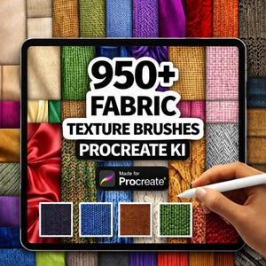 May include: A digital tablet displays a collection of fabric textures, with the text "950+ FABRIC TEXTURE BRUSHES PROCREATE KI." The tablet is held by a hand using a stylus. The background features various fabric samples.