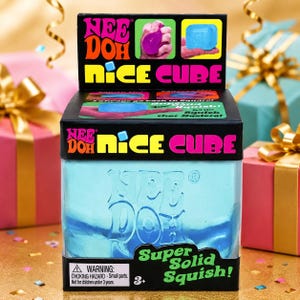 May include: A Nee Doh Nice Cube sensory toy in a black box with bright text. The cube is translucent light blue with the embossed text Nee Doh. The packaging features images of hands squeezing the cube and text reading Super Solid Squish.
