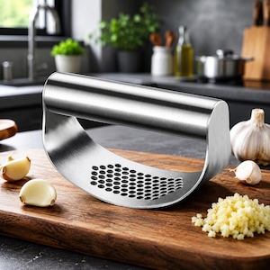May include: A stainless steel garlic press with a curved, rocker-style design and a cylindrical handle. The base features a grid of small, circular perforations for crushing garlic cloves, positioned on a wooden surface with loose garlic cloves.