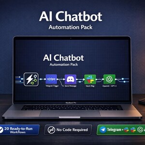May include: A laptop displays "AI Chatbot Automation Pack" with workflow icons for Stripe, Discord, Slack, and OpenAI. The screen shows "20 Ready-to-Run Workflows" and "No Code Required". A desk lamp and a small plant are in the background.