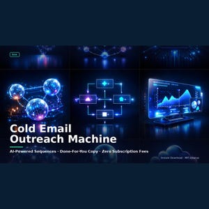 Może przedstawiać: Grafika cyfrowa z ciemnoniebieskim tłem z świecącymi niebieskimi i białymi elementami. Tekst "Cold Email Outreach Machine" jest widoczny. Dodatkowy tekst to "AI-Powered Sequences", "Done-For-You Copy" i "Zero Subscription Fees".