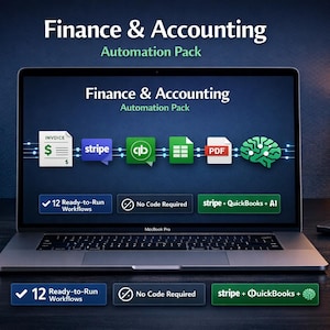May include: A laptop displays "Finance & Accounting Automation Pack" with icons for invoices, Stripe, QuickBooks, Excel, PDF, and a brain. The screen also shows "12 Ready-to-Run Workflows", "No Code Required", and "stripe + QuickBooks + AI".