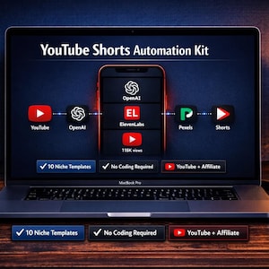 May include: A laptop displaying the text "YouTube Shorts Automation Kit" with app icons for YouTube, OpenAI, ElevenLabs, Pexels, and Shorts. The screen also shows "10 Niche Templates", "No Coding Required", and "YouTube + Affiliate".