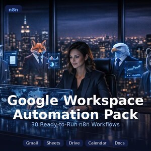 以下が含まれることがあります： 濃い色のブレザーを着た女性が、テキスト「Google Workspace Automation Pack」が表示されたコンピューターのある机に座っています。画像にはn8nのロゴと「Gmail、Sheets、Drive、Calendar、Docs」という単語が含まれています。彼女の後ろにはスーツを着た動物の姿があります。