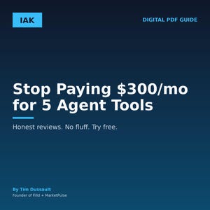 Pode incluir: Um guia PDF digital com um fundo gradiente azul escuro. O texto diz "Pare de pagar 275€/mês por 5 ferramentas de agente." O texto adicional inclui "Avaliações honestas. Sem frescura. Experimente grátis." e "GUIA PDF DIGITAL."