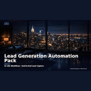 Puede incluir: Un interior oscuro con vista a un paisaje urbano nocturno. El texto "Lead Generation Automation Pack" se muestra de forma destacada. La imagen también incluye el texto "25 n8n Workflows • End-to-End Lead Capture" y "Instant Download • MIT License".