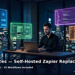Könnte beinhalten: Ein Mann arbeitet an einem Laptop an einem Schreibtisch mit leuchtenden digitalen Displays in einem modernen Büroumfeld. Der Text "Activepieces - Self-Hosted Zapier Replacement" und "Self-Hosted Zapier - 25 Workflows Included" ist enthalten.