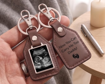 Personalized Baby Ultrasound Leather Keychain, Bump Photo Keyring, Daddy Gift from Bump, Dad to Be Gift for Husband, Surprise Gift for Him