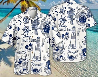 Disney Cruise Line button-down shirt, Mickey en vrienden nautisch Hawaiiaans shirt, familiecruise vakantie outfit, Magic Sea Summer Aloha