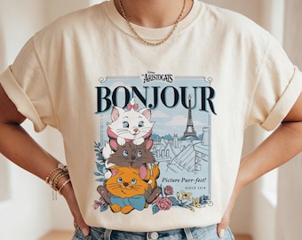 Comfortkleuren retro aristokatten shirt Marie Cat, T-shirt Toulouse Berlioz Kittens, vakantie-outfit Disney Parijs, T-shirt Bonjour Picture Purrfect