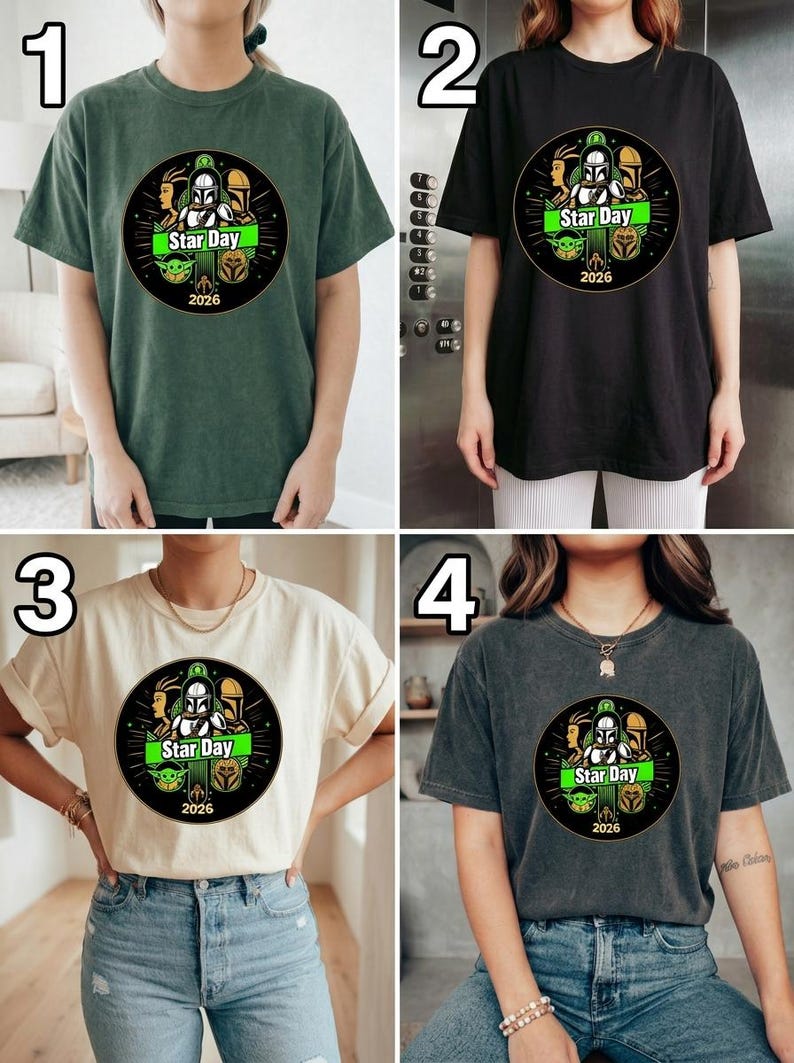 May include: Four t-shirts in different colors: green, black, cream, and gray. Each shirt features a circular graphic with the text "Star Day" and the year "2026". The graphic includes images of characters and symbols.